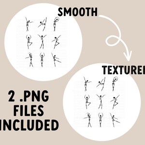 May include: Two sets of nine black and white skeleton ballerina illustrations. One set is labeled "SMOOTH" and the other is labeled "TEXTURED". The text "2 .PNG FILES INCLUDED" is also included in the image.