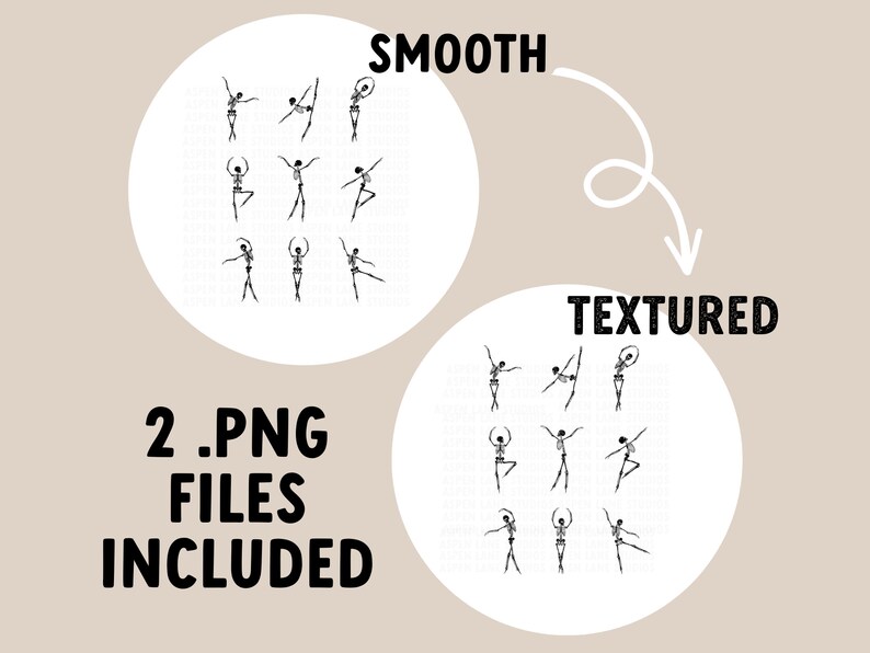 May include: Two sets of nine black and white skeleton ballerina illustrations. One set is labeled "SMOOTH" and the other is labeled "TEXTURED". The text "2 .PNG FILES INCLUDED" is also included in the image.