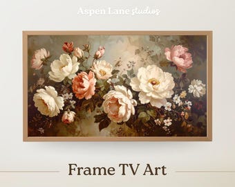 May include: A framed floral print featuring a bouquet of white and pink peonies and other flowers. The artwork has a vintage aesthetic with a light brown frame. The text "Aspen Lane studios" and "Frame TV Art" are visible.
