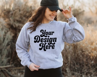 Gildan 18000 Sweatshirt Mockup, Graphite Gildan Sweatshirt,  Sweatshirt Model Mockup, POD mockup, Gildan Grey Sweatshirt mock, Sporty Mockup