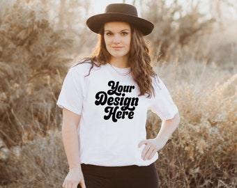 Gildan Tshirt Mockup, Natural White Gildan Shirt, Tee Mockup, Boho T-Shirt Model Mockup, POD mockup, gildan White shirt mock, Flaylay Mockup