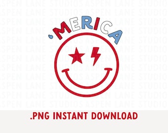 PNG | ’Merica Smiley Face PNG | Retro Patriotic Red White & Blue Sublimation Design | 4th of July USA Shirt Graphic | Instant Download