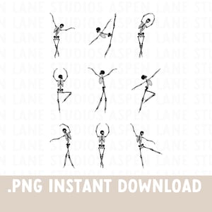May include: Set of nine black and white skeleton ballerina illustrations. The skeletons are in various ballet poses, including arabesque, fifth position, and a pose with one leg extended.
