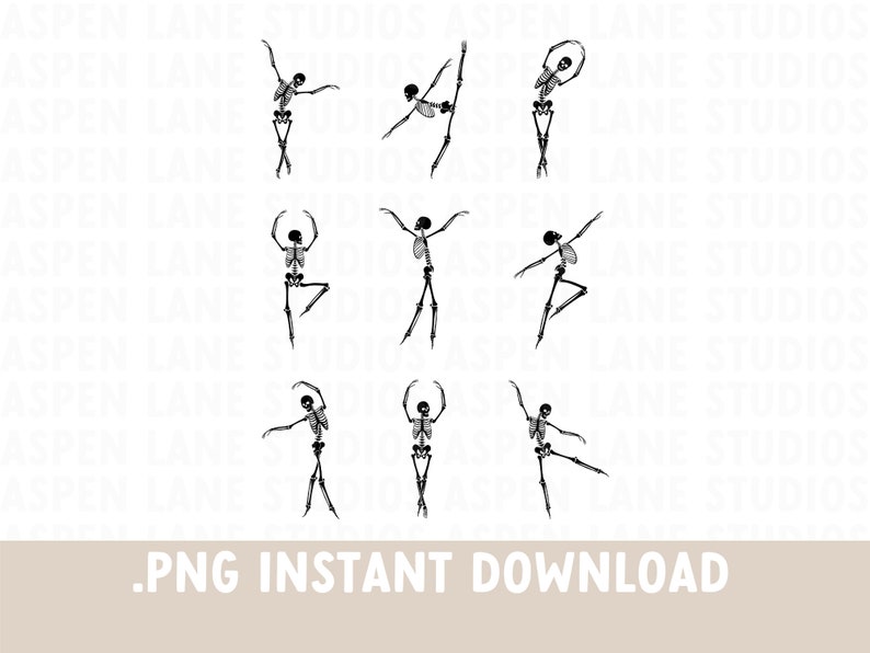 May include: Set of nine black and white skeleton ballerina illustrations. The skeletons are in various ballet poses, including arabesque, fifth position, and a pose with one leg extended.