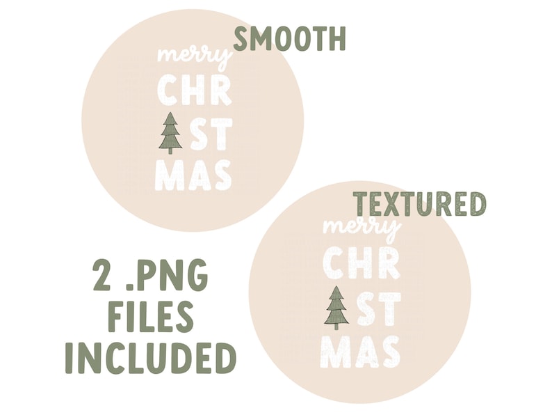 May include: Two digital illustrations of a Christmas greeting with a stylized Christmas tree. The text reads "merry christmas" in a white font on a peach background. One image is smooth and the other is textured.