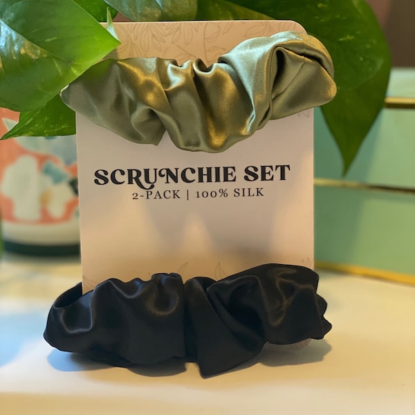 Perfect Silk-Satin Scrunchy | Black and Green Scrunchies | Ponytail Holders |Satin-Silk Hair Scrunchy, Scrunchie Hair Ties | Gift for Her