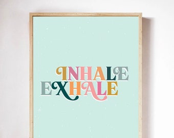 Inhaleer uitademing Typografie Print | Home Geschenken voor haar | Office Decor | Regenboog Kleuren Kunst