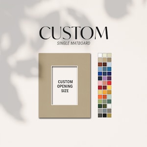May include: A rectangular tan matboard with a central rectangular cutout featuring the text CUSTOM OPENING SIZE. Above is the text CUSTOM SINGLE MATBOARD. To the right is a vertical grid of forty-two small colored square swatches.