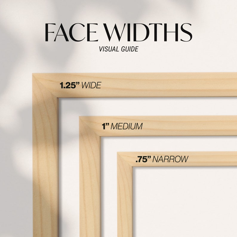 May include: Visual guide showing three different frame face widths: 1.25" wide, 1" medium, and .75" narrow.