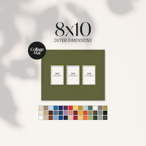 May include: A green collage mat with three 2x3 inch openings, labeled "2x3 Opening". The mat is 8x10 inches in outer dimensions. A color palette of various hues is displayed below the mat. The logo "Collage Mat" is in the upper left corner.