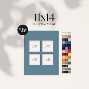 May include: A blue collage mat with four 3.5x3.5 inch openings. The mat is labeled "11x14 Outer Dimensions" and includes a color chart. A black circle with the text "Collage Mat" is in the upper left corner.