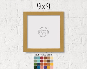 May include: A gold-colored 9x9 inch picture frame with a white mat and a black and white illustration of a sheep with the text "Cheeky Sheep". The frame is on a white brick wall. Below the frame is a color palette of 25 different colors labeled "Rustic Painted".