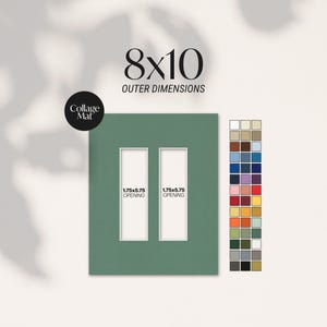 May include: A green collage mat with two rectangular openings, each measuring 1.75x5.75 inches. The outer dimensions are 8x10 inches. A color chart with various shades is displayed on the right. The text "Collage Mat" is on a black circle.