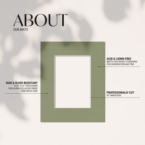 May include: A green mat board with a white interior, featuring the text "ABOUT OUR MATS." The mat is fade and bleed resistant, made of 4-ply 1/16" thick board with 100% alpha cellulose fibers and a pure white core. It is acid and lignin free and professionally cut with a 45" inner edge.