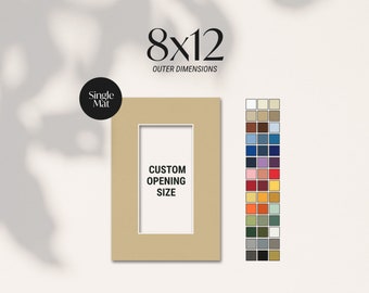 May include: A tan single mat with a custom opening size, with outer dimensions of 8x12 inches. The image also shows a color chart with various color options for the mat.