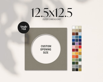 May include: A square, single mat with a circular opening for a custom size. The outer dimensions are 12.5 x 12.5 inches. The mat is a neutral gray color, with a white interior. A color chart is displayed on the right.