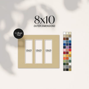 May include: A tan collage mat with three rectangular openings, each measuring 1.75 x 5.75 inches. The outer dimensions are 8x10 inches. The text "Collage Mat" is on a black circle in the upper left corner. A color chart is on the right.