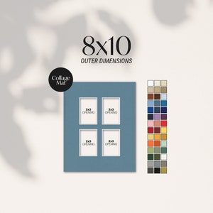 May include: A blue collage mat with four 2x3 inch openings, labeled "2x3 OPENING". The mat is 8x10 inches in outer dimensions. A color chart with various shades is displayed to the right. The text "Collage Mat" is in a black circle.