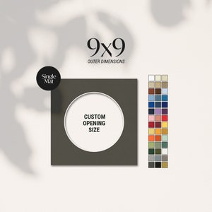 May include: A single mat with a custom opening size, outer dimensions are 22.86 x 22.86 cm. The mat is dark grey with a white circular opening. A colour chart with various colour options is displayed.