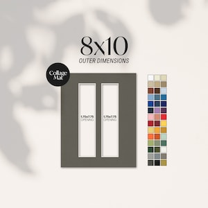 May include: A dark gray collage mat with two rectangular openings, each measuring 1.75 x 7.75 inches. The outer dimensions are 8x10 inches. A color chart is displayed on the right. The text "Collage Mat" is in a black circle.
