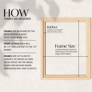 May include: Diagram explaining how picture frames are measured. The diagram shows a wooden frame with a white background. The text explains that frames are measured by the back opening and that the front viewing area will be 1/2 inch smaller due to the 1/4 inch rabbet. The text also explains that frames are cut slightly larger to allow extra space for the image, glass, and backing board.