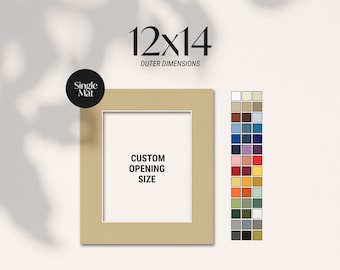 May include: A beige picture frame with a white interior, labeled "Custom Opening Size." The outer dimensions are 12x14 inches. A color chart is displayed to the right. A black circle reads "Single Mat."
