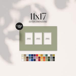 May include: A green collage mat with three white openings, each measuring 3.5 x 5.5 inches. The outer dimensions are 11 x 17 inches. A color palette of various hues is displayed below the mat. The mat has the text "Collage Mat".
