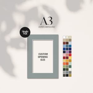 May include: A3 size picture frame with a custom opening size, in a muted teal color. The frame is a single mat design. The image also shows a color chart with various color options for the frame.