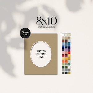 May include: A tan single mat with an oval opening for a custom-sized image. The outer dimensions are 8x10 inches. A color chart with various shades is displayed on the right.