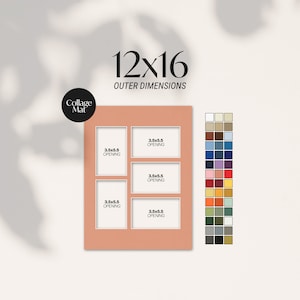 May include: A peach-colored collage mat with five openings, each sized 3.5x5.5 inches. The outer dimensions are 12x16 inches. A color chart is displayed on the right. The mat has the text "Collage Mat".