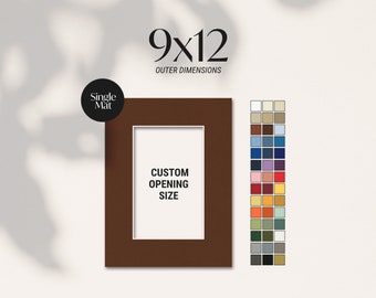 May include: A brown single mat with a white interior and the text "CUSTOM OPENING SIZE." The outer dimensions are 9x12 inches. A color chart is displayed to the right of the mat.