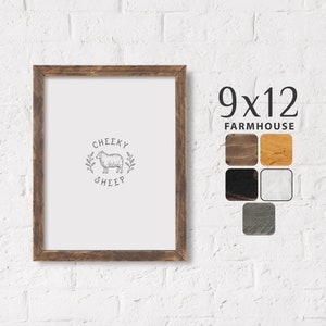 May include: A 9x12 inch farmhouse style wood frame with a white mount and a black and white illustration of a sheep with the text "Cheeky Sheep". The frame is shown against a white brick wall. The frame is available in a variety of wood finishes.