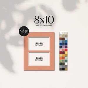 May include: A two-opening collage mat in a peach color, with dimensions of 8x10 inches. Each opening is 3.5x5.5 inches. The text "Collage Mat" is in a black circle. A color chart is on the right.