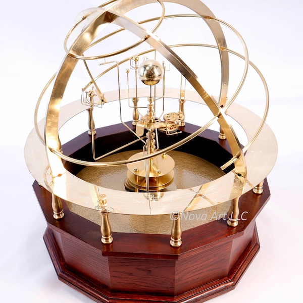 Grand Orrery in beautiful semi-precious stone, hardwoods, brass. Correct relative motion of 9 planets