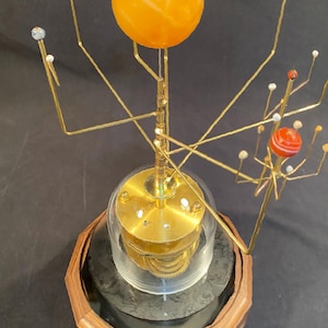 SOLAR POWERED Orrery: Our Wanderers Solar System model in semi-precious stone, brass and hardwood now offered with SOLAR power.