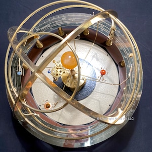 Baby Grand Armillary Orrery;  Solar System planetary model in semi-precious stone, brass, and hardwood.