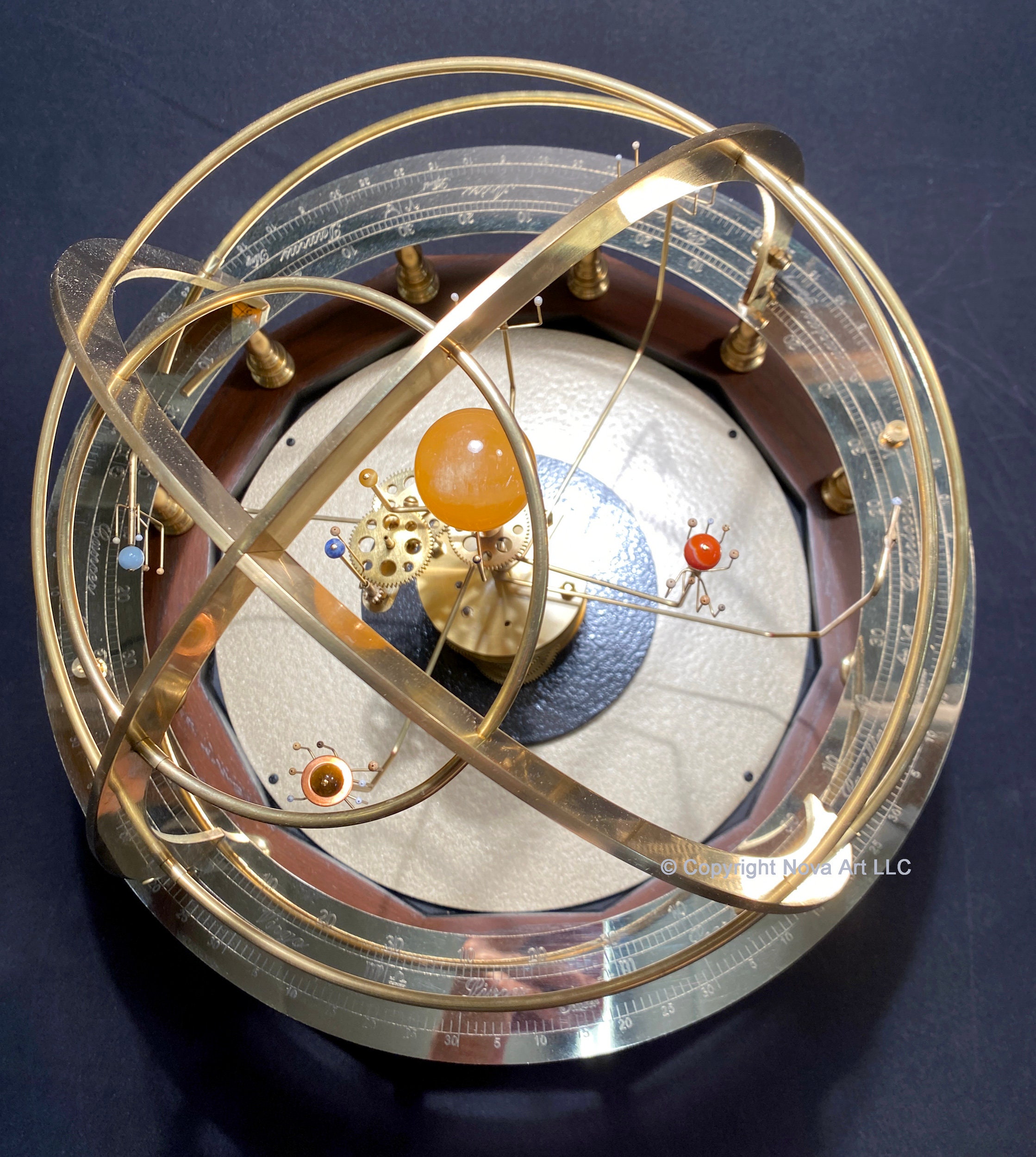 オーストラリア アンティーク ビンテージ 器 ガラス クリア 地球 太陽 新品 ベビーグランドアーミラリ天球儀。半貴石、真鍮、硬材で作られた太陽系