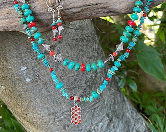 Turquoise & Red Coral Necklace/Earring Set