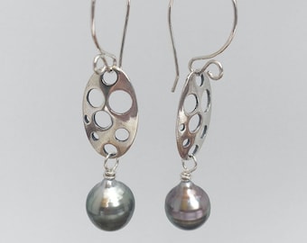 Sterling Bubbles & Tahitian Black Pearl Earrings