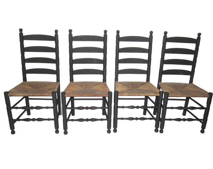 Farmhouse Ladder Back Chairs Set of 4 Black Woven Rush Seats Etsy