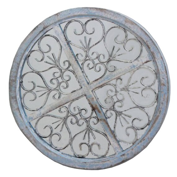Round County Farmhouse Mirror Iron Scroll Inset Shabby Cottage Distressed Coastal Wrought