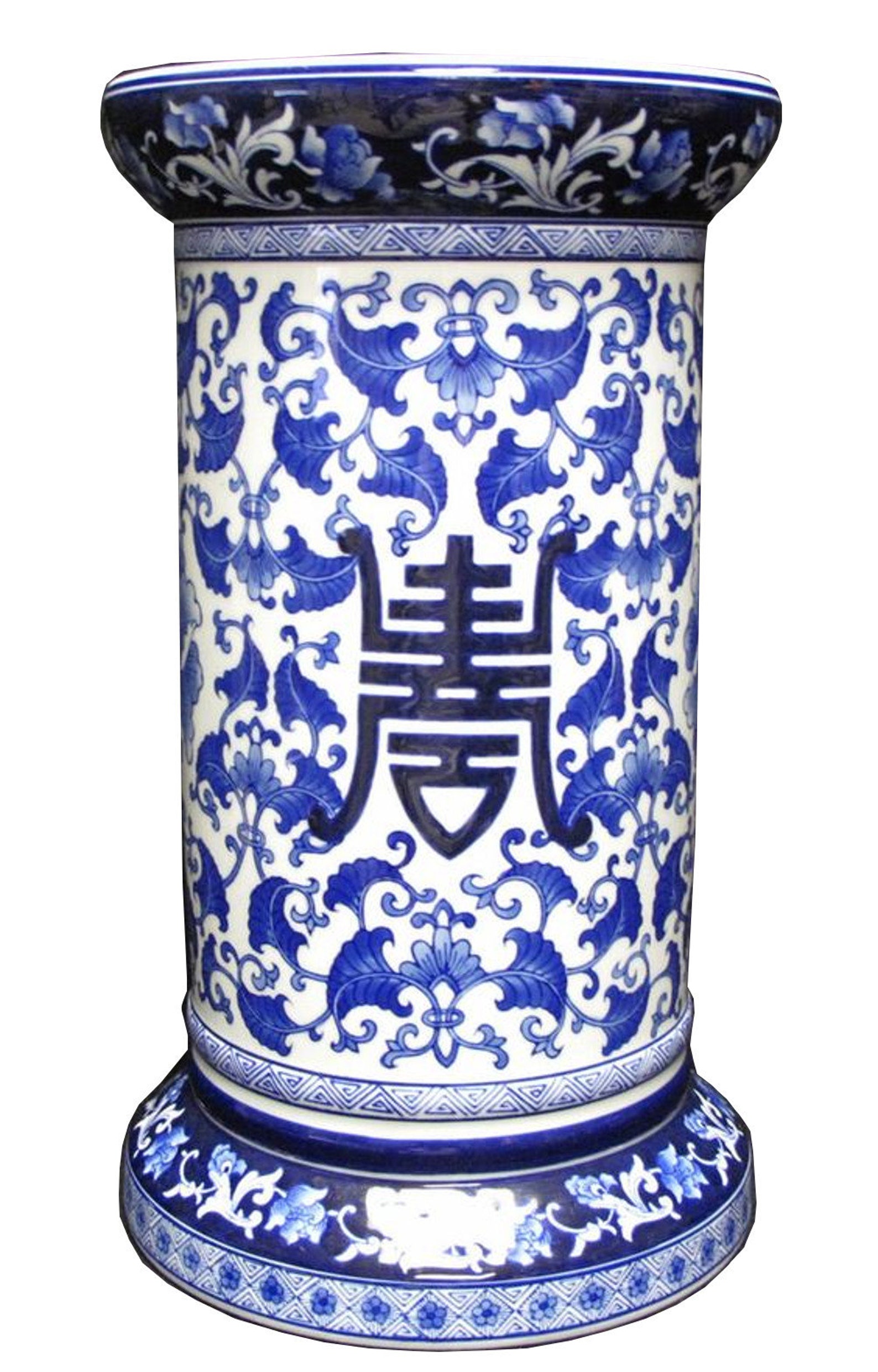 blue and white plant stand