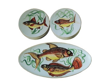 French Faience Fish Service Hand Painted Platter and 10 plates, Vallauris Wall Plates Coastal Cottage Nautical