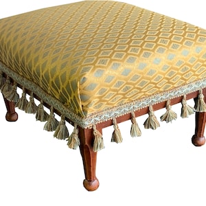 Antique English Upholstered Footstool Ottoman w/ Tassels