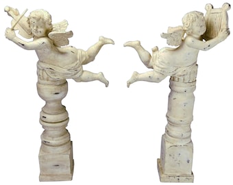 Tall Pair Wood Carved  Shabby Musical Putti/Cherub Angels  French Carved Distressed Cherub/Putti Column Decor Mantle Putti/Cherubs