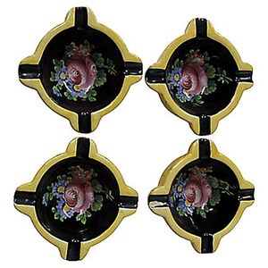 French Clamecy Hand Painted Faience Ashtrays, S/4