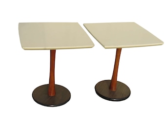 Pair Mid Century Modern Saarinen Style Tulip Base Teak Side Tables