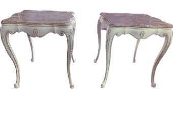 Pair Vintage French Louis XV Style Pink Marble Distressed Tables French Country Cottage Marble Top Tables