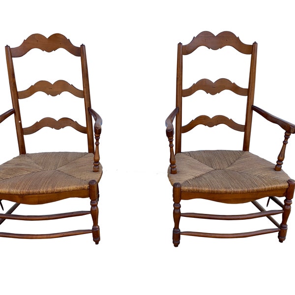 Pair Vintage French Provincial Style Country Ladder Back  Rush Seat Lounge Armchairs