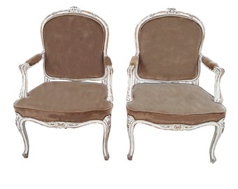 Pair French Velvet Bergeres French Provencal Farmhouse Taupe Armchairs Shabby French Distressed Velvet Fauteuils